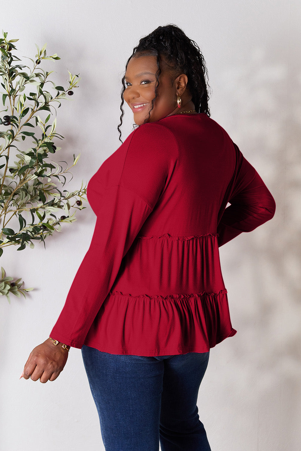 Half Button Long Sleeve Ruffle Hem Blouse