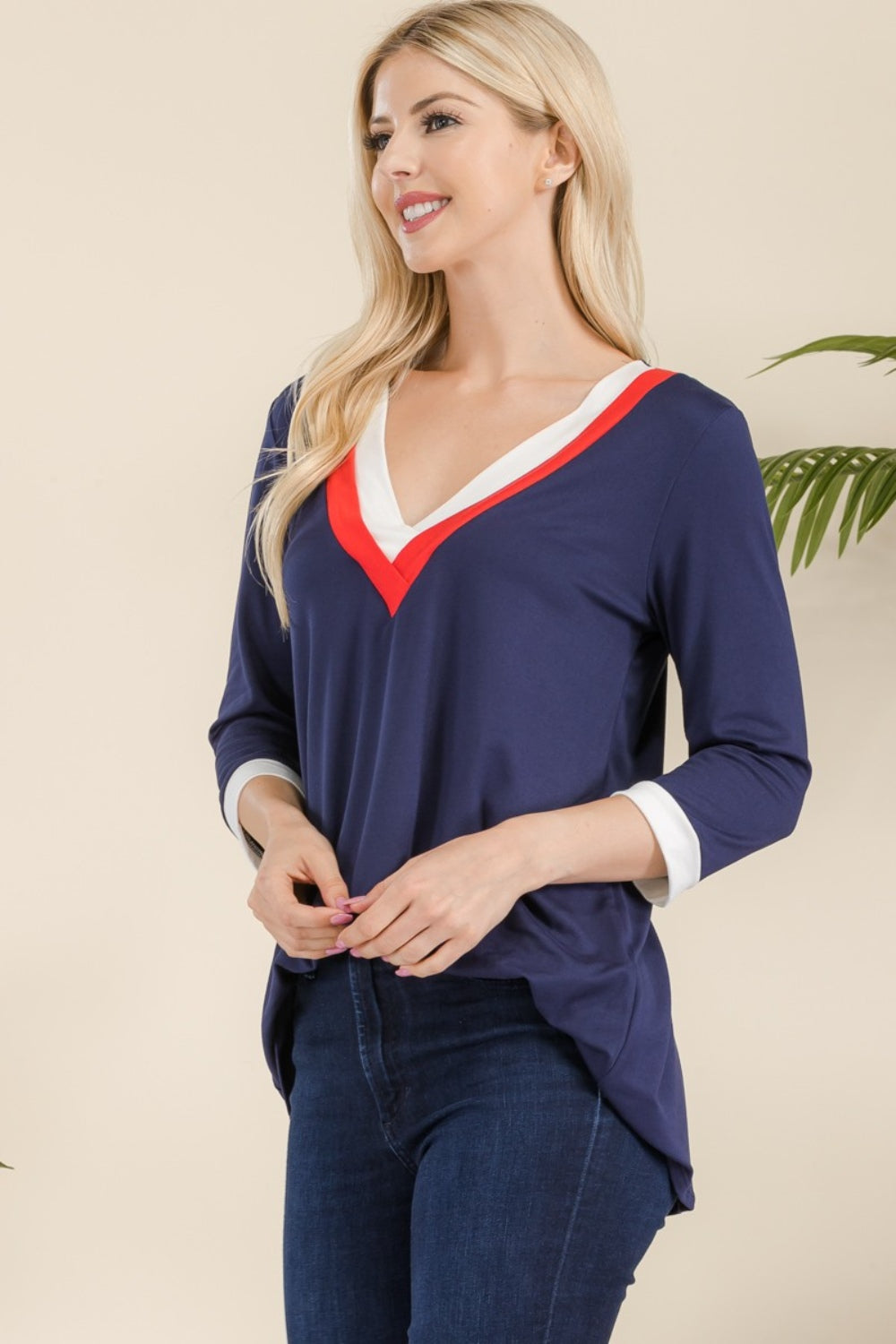 Celeste Full Size V-Neck Contrast Long Sleeve T-Shirt