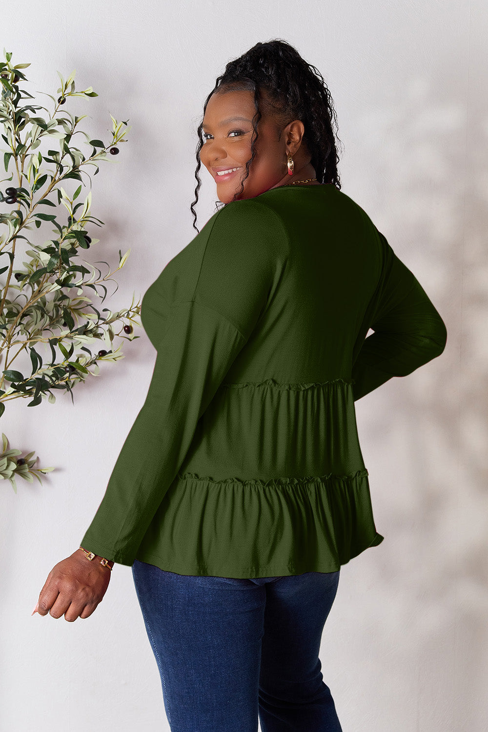 Half Button Long Sleeve Ruffle Hem Blouse