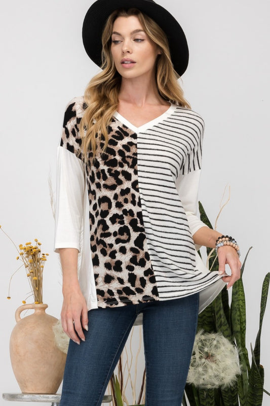 Front Leopard and Striped Print V-Neck Long Sleeve T-Shirt