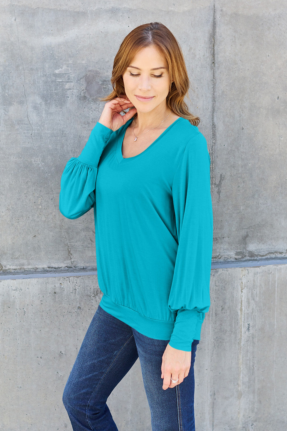 V-Neck Lantern Sleeve Blouse