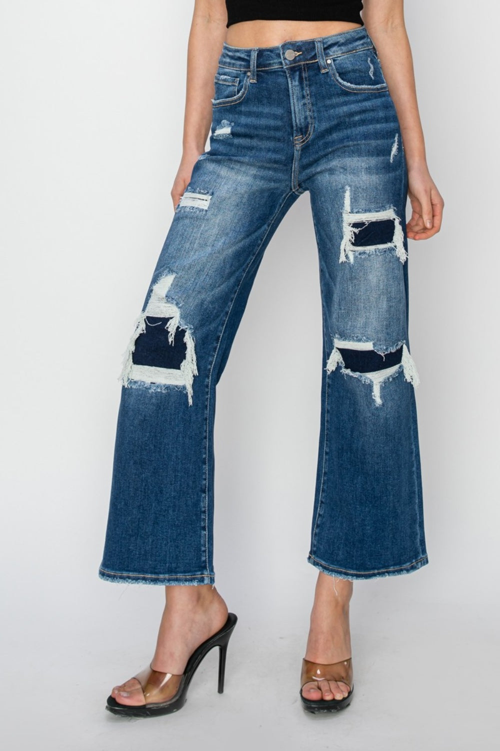 High Rise Patch Detailed Wide Leg Crop Jeans