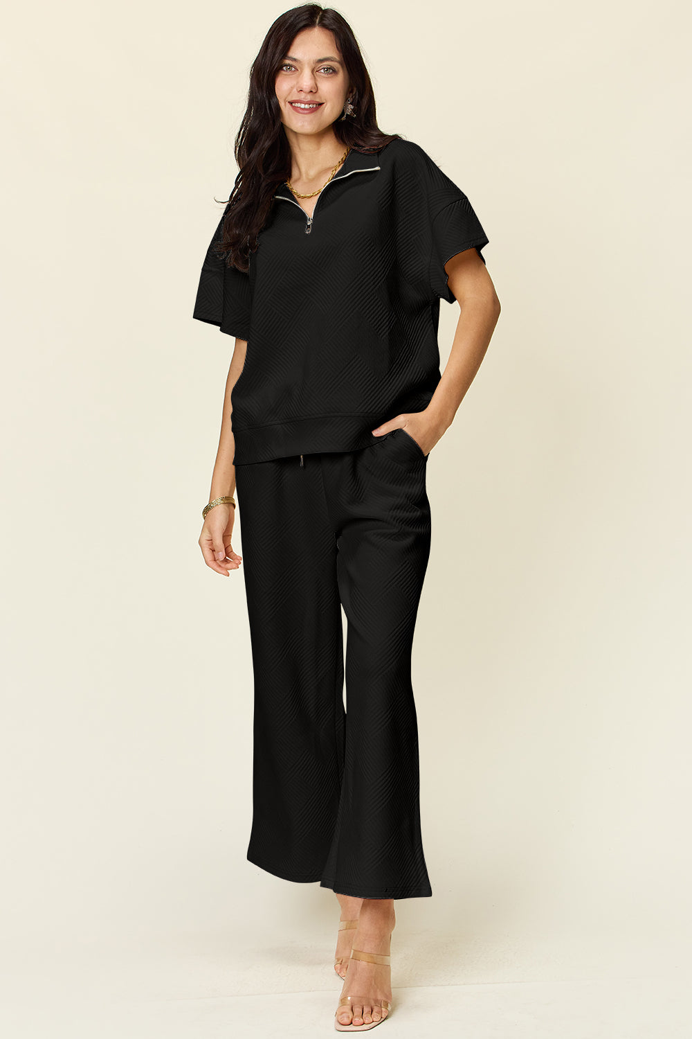 Half Zip Short Sleeve Top and Pants Set