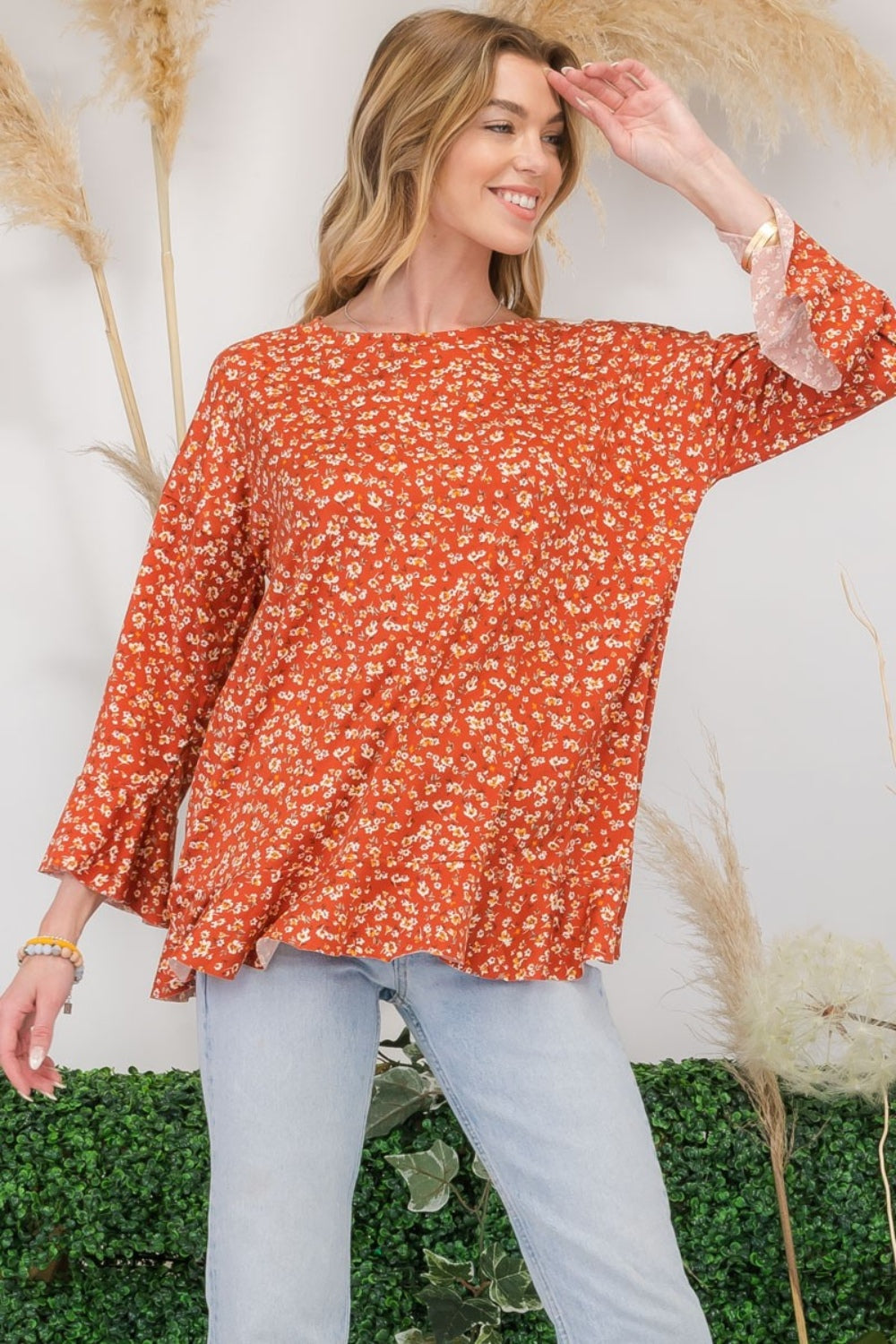 Floral Ruffle Detail Long Sleeve Top