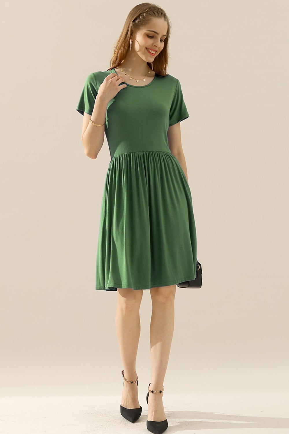 Round Neck Ruched Dress with Pockets