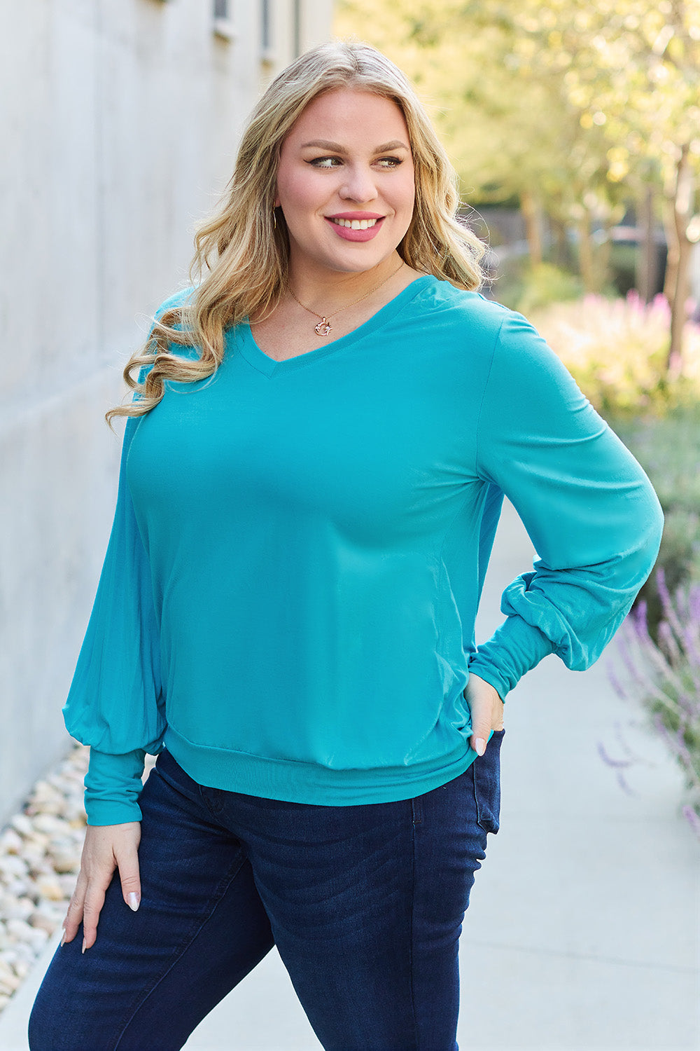 V-Neck Lantern Sleeve Blouse