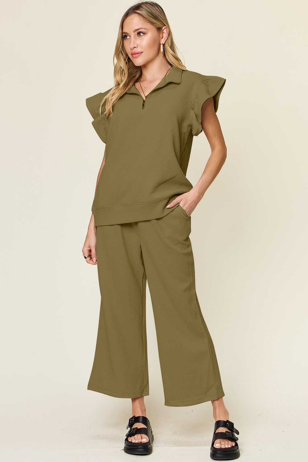 Ruffle Short Sleeve Top and Drawstring Wide Leg Pants Set