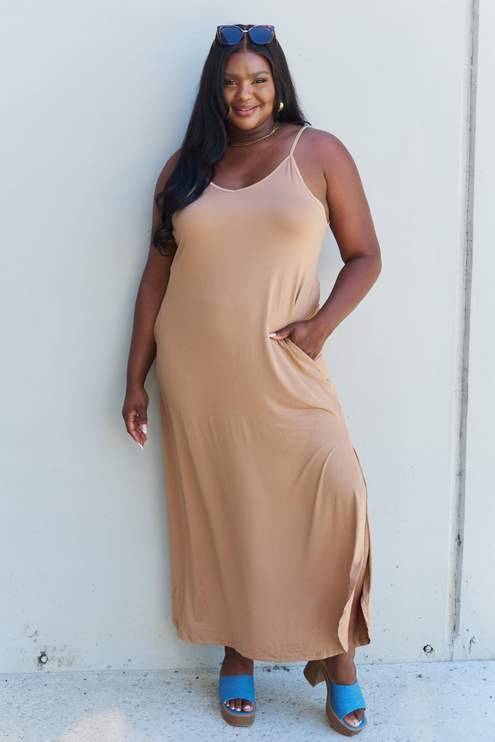 Good Energy Cami Side Slit Maxi Dress in Camel