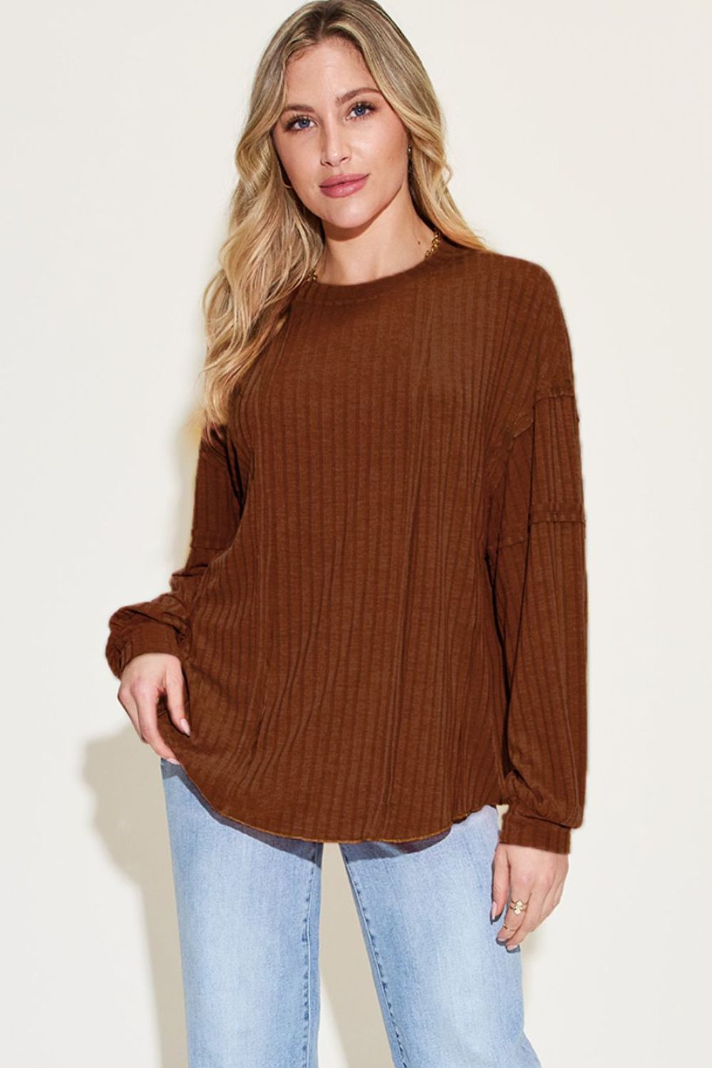 Ribbed Round Neck Long Sleeve T-Shirt