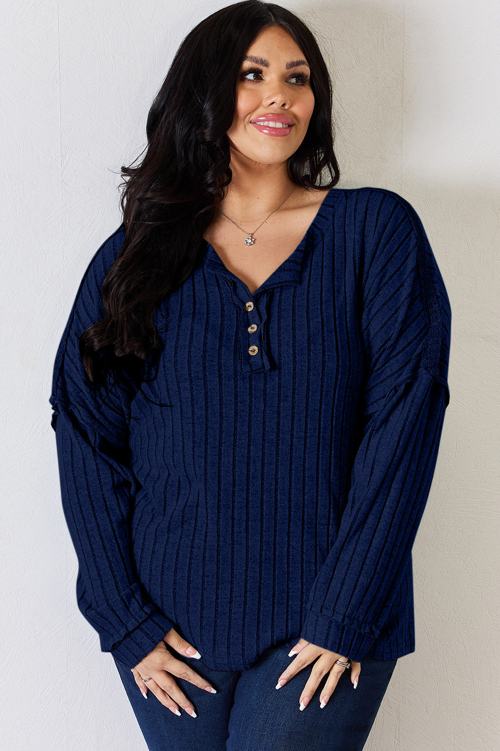 Ribbed Half Button Long Sleeve T-Shirt