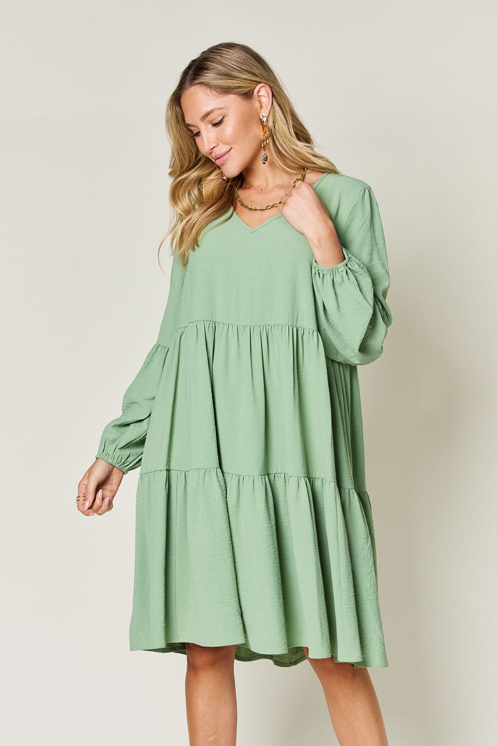 V-Neck Balloon Sleeve Tiered Mini Dress with Pockets