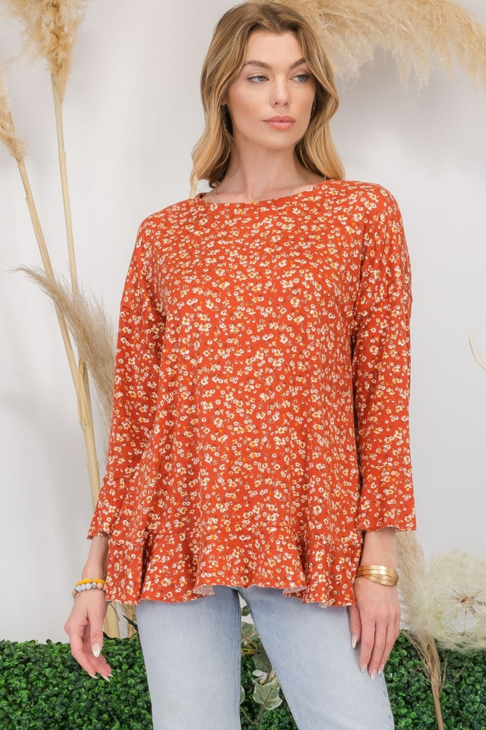 Floral Ruffle Detail Long Sleeve Top