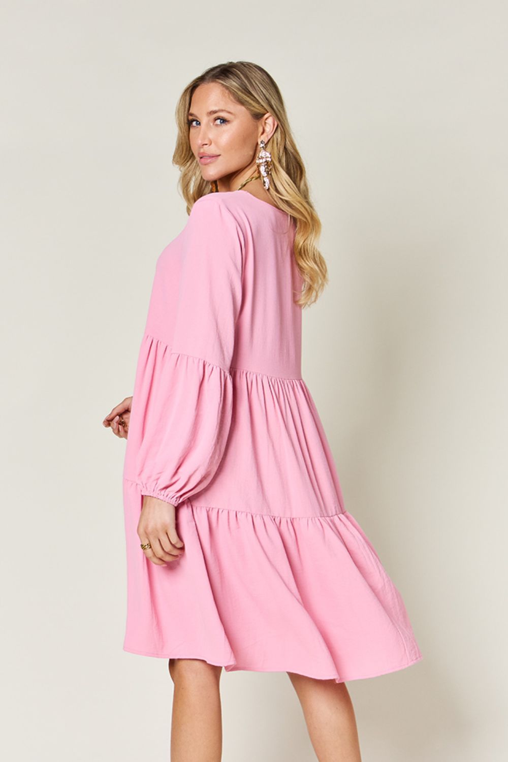 V-Neck Balloon Sleeve Tiered Mini Dress with Pockets