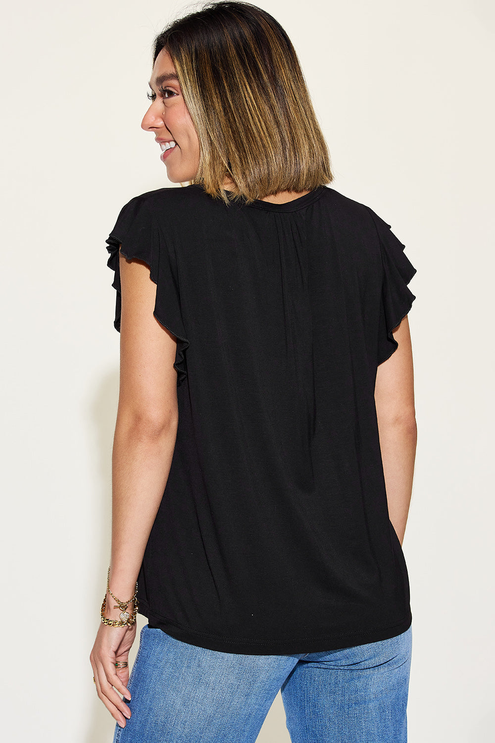 Bamboo Notched Ruffled Short Sleeve T-Shirt