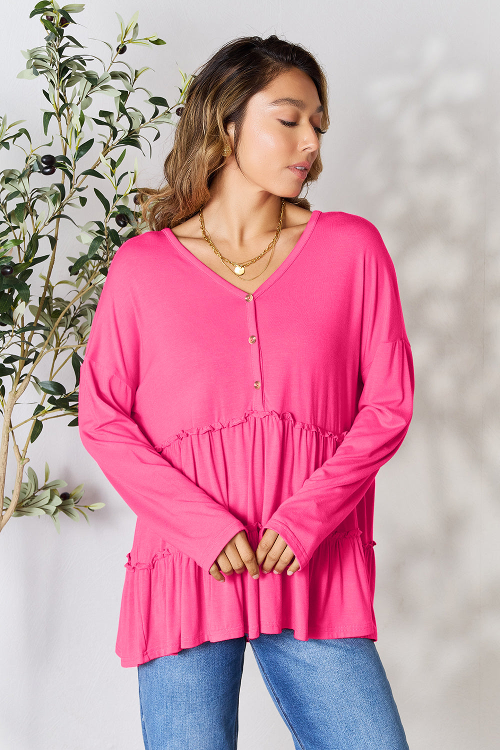 Half Button Long Sleeve Ruffle Hem Blouse