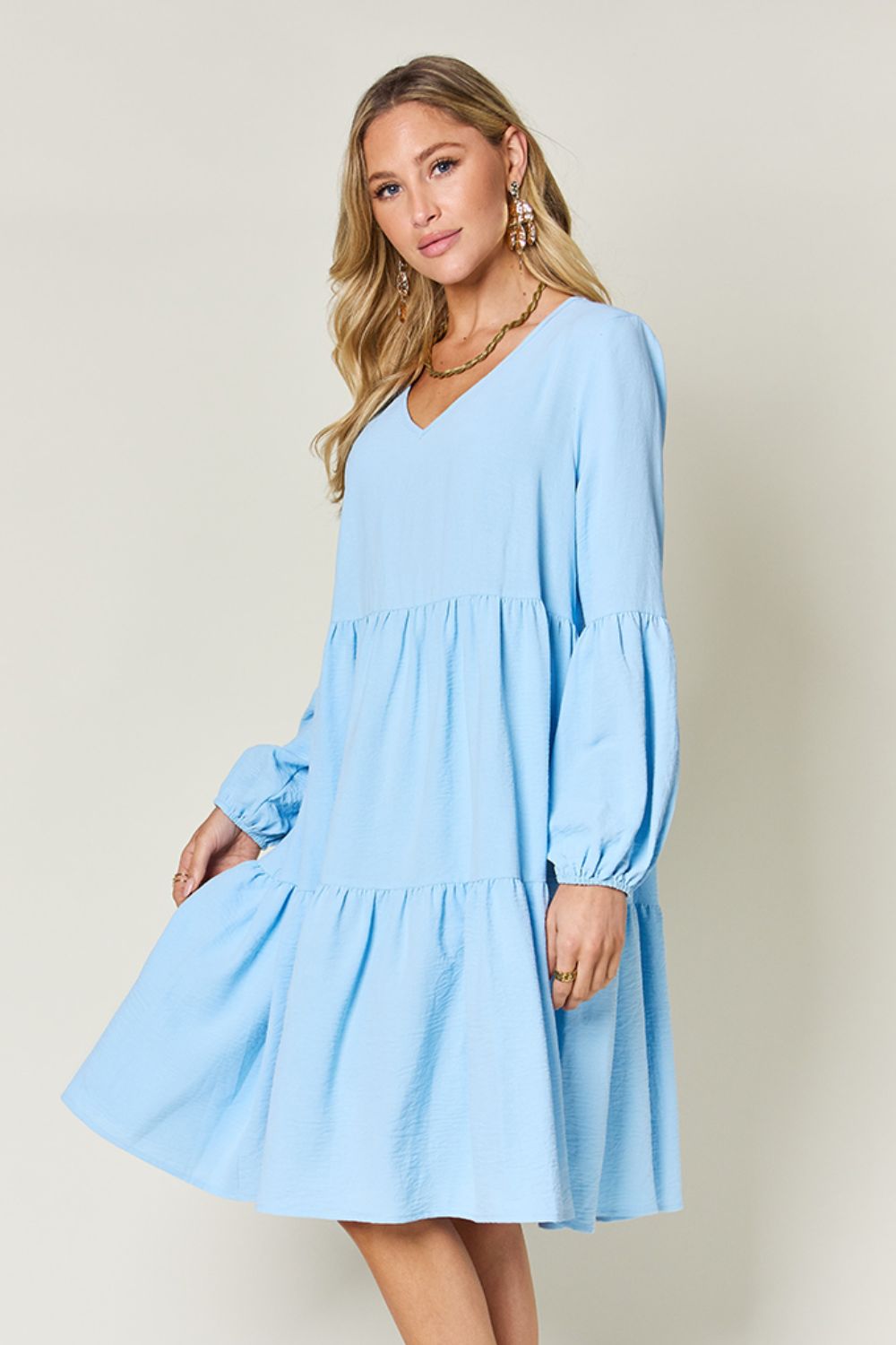 V-Neck Balloon Sleeve Tiered Mini Dress with Pockets