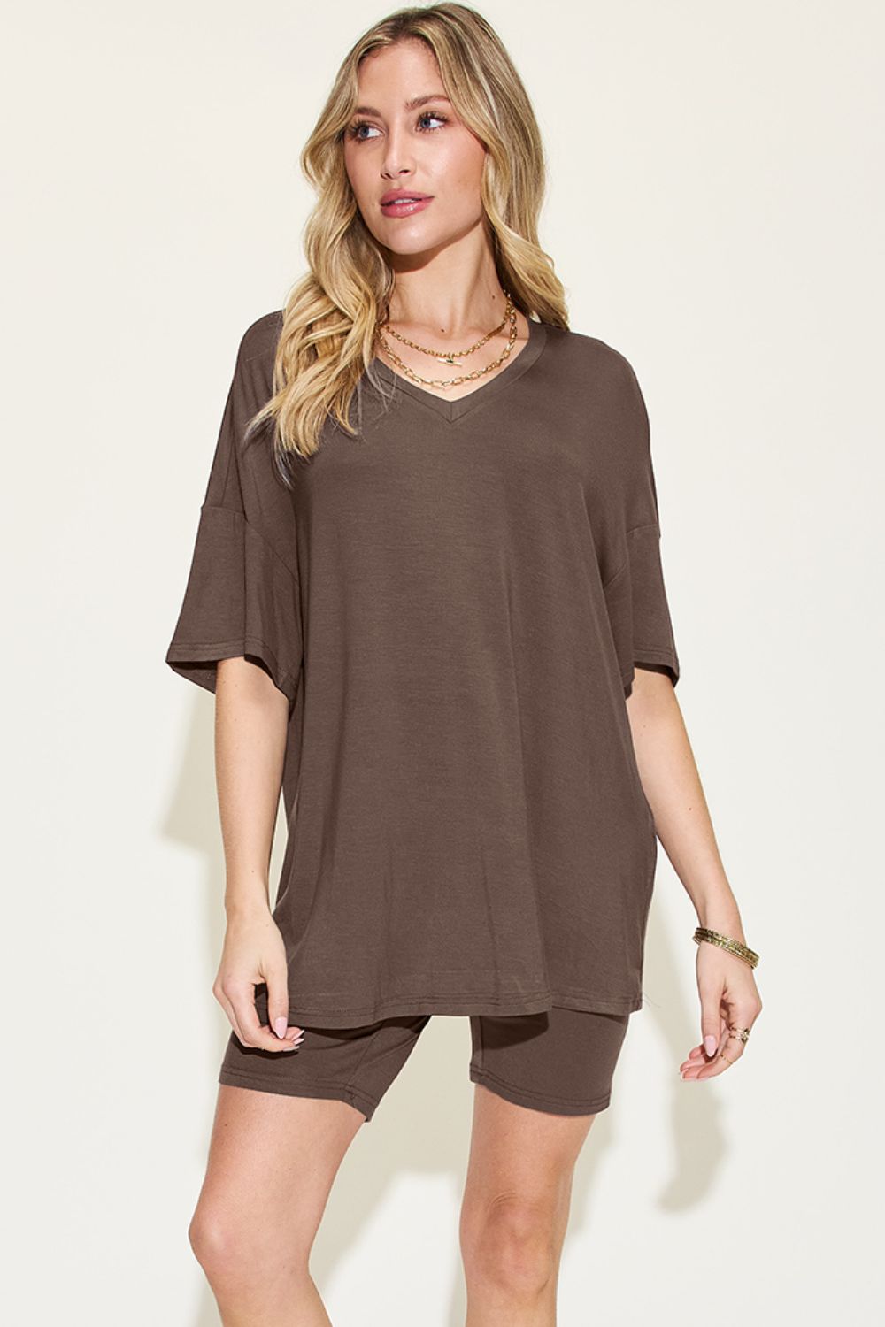 V-Neck Drop Shoulder T-Shirt and Shorts Set