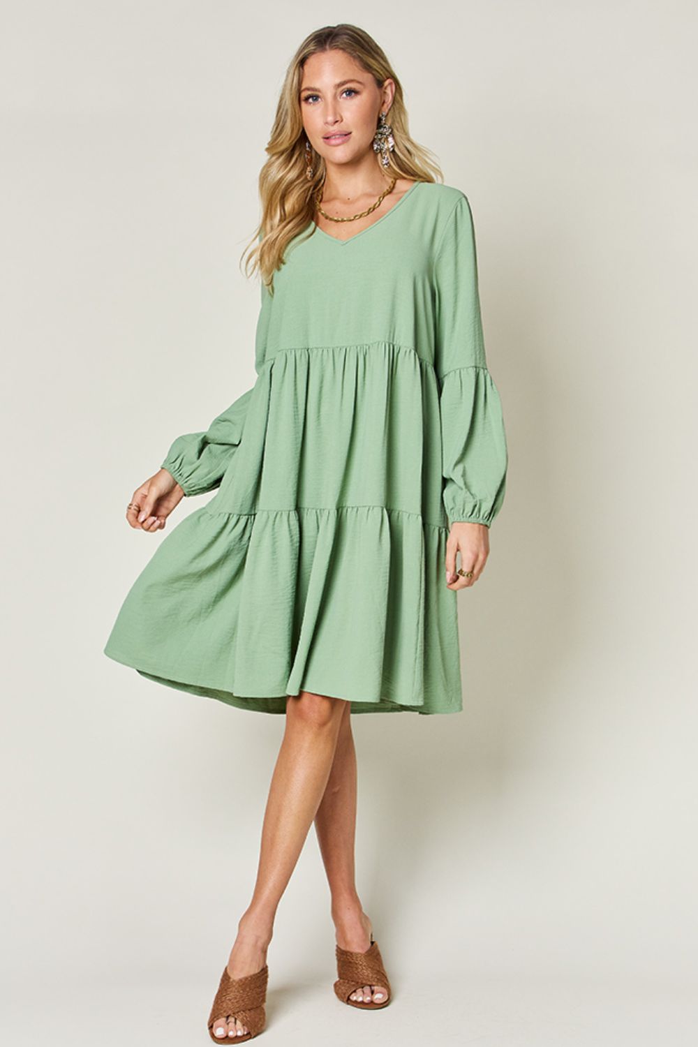 V-Neck Balloon Sleeve Tiered Mini Dress with Pockets