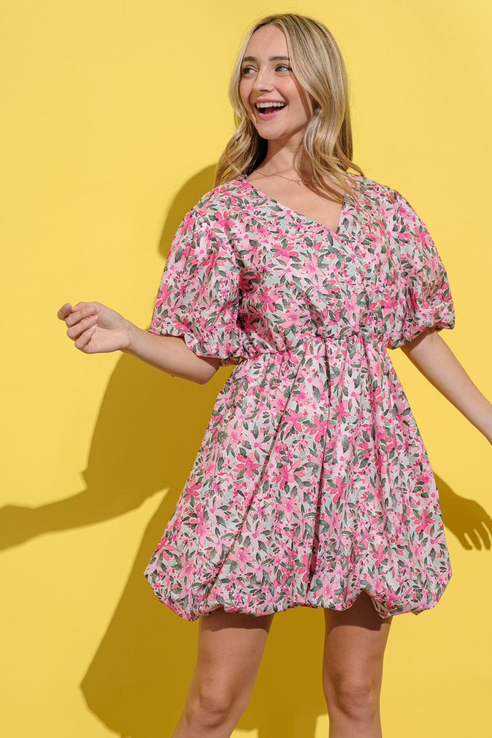 Floral Surplice Puff Sleeve Dress