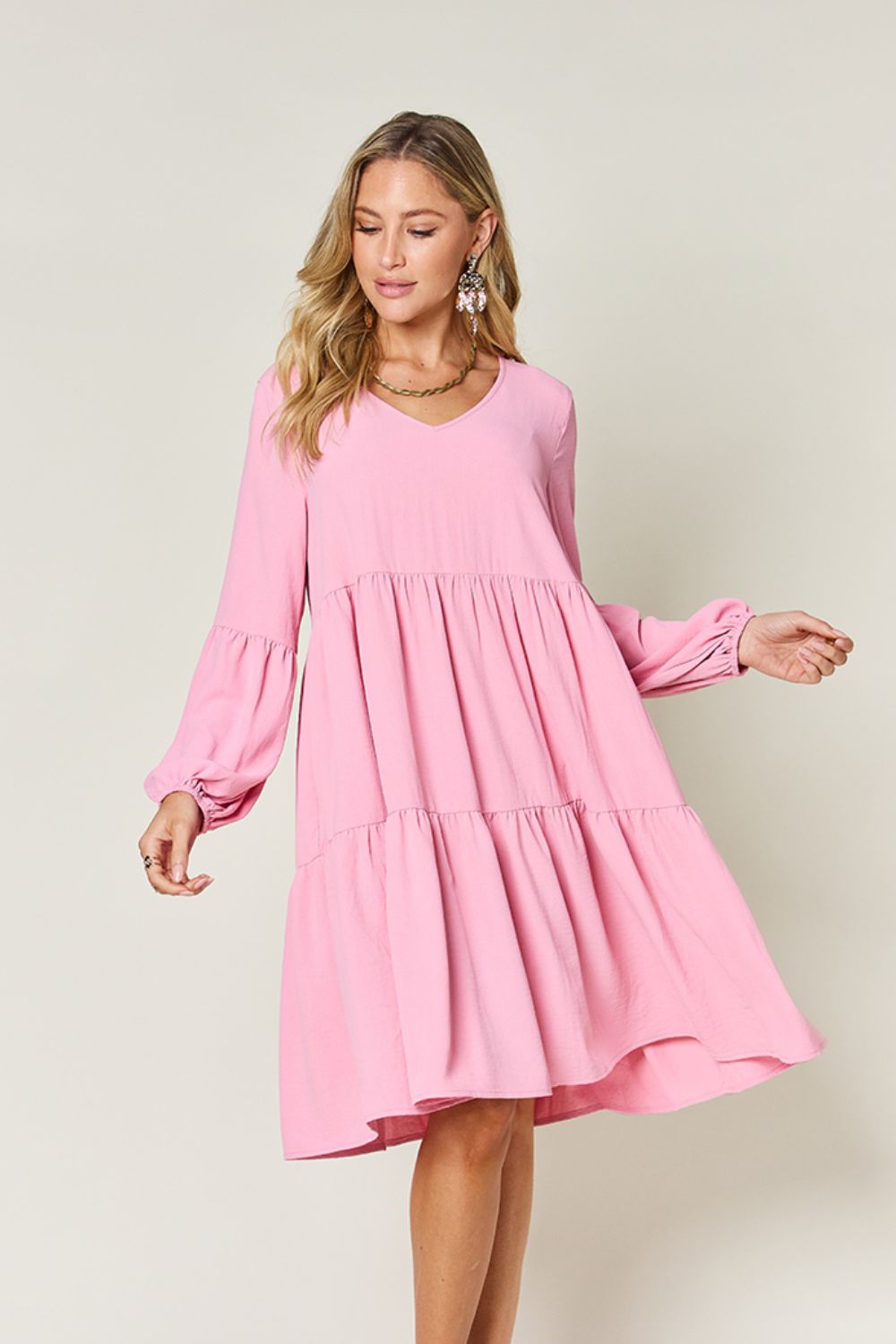 V-Neck Balloon Sleeve Tiered Mini Dress with Pockets