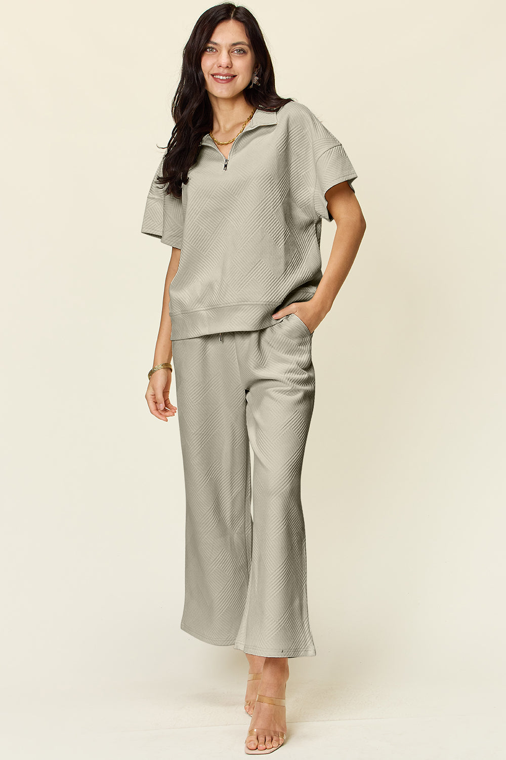 Half Zip Short Sleeve Top and Pants Set