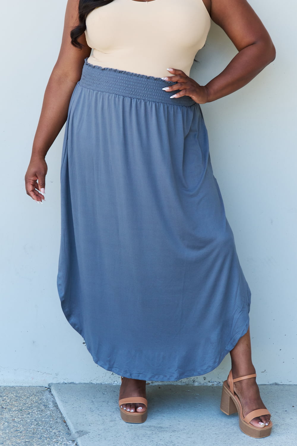 Comfort Princess High Waist Scoop Hem Maxi Skirt in Dusty Blue