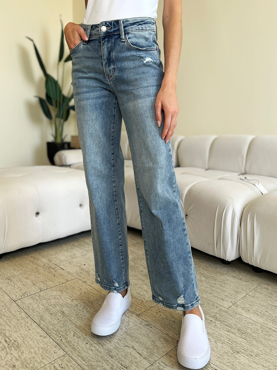 Mid Rise Distressed Straight Jeans