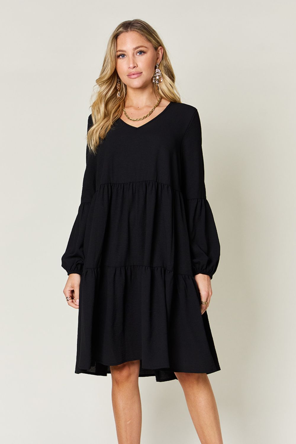 V-Neck Balloon Sleeve Tiered Mini Dress with Pockets