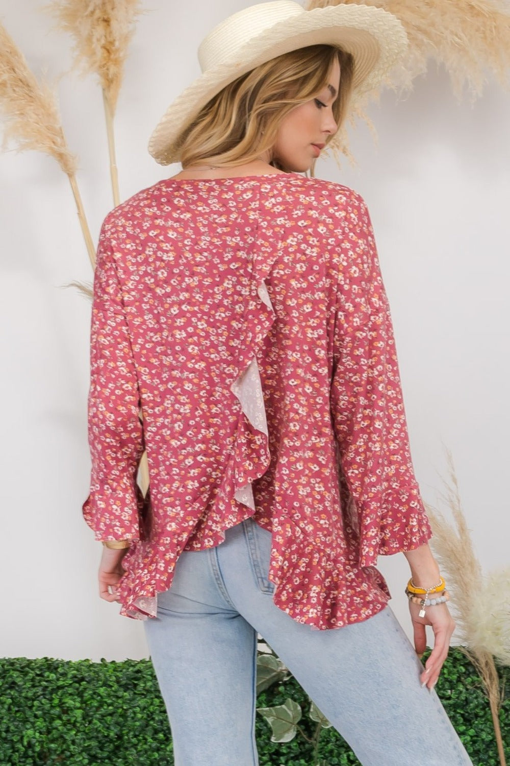 Floral Ruffle Detail Long Sleeve Top