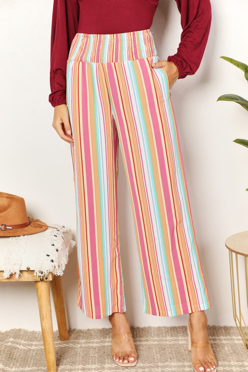 Striped Smocked Waist Pants with Pockets