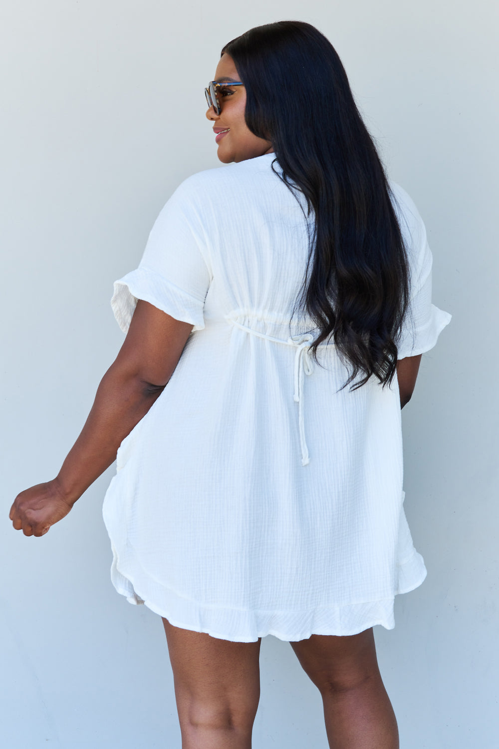 Out Of Time Ruffle Hem Dress with Drawstring Waistband in White