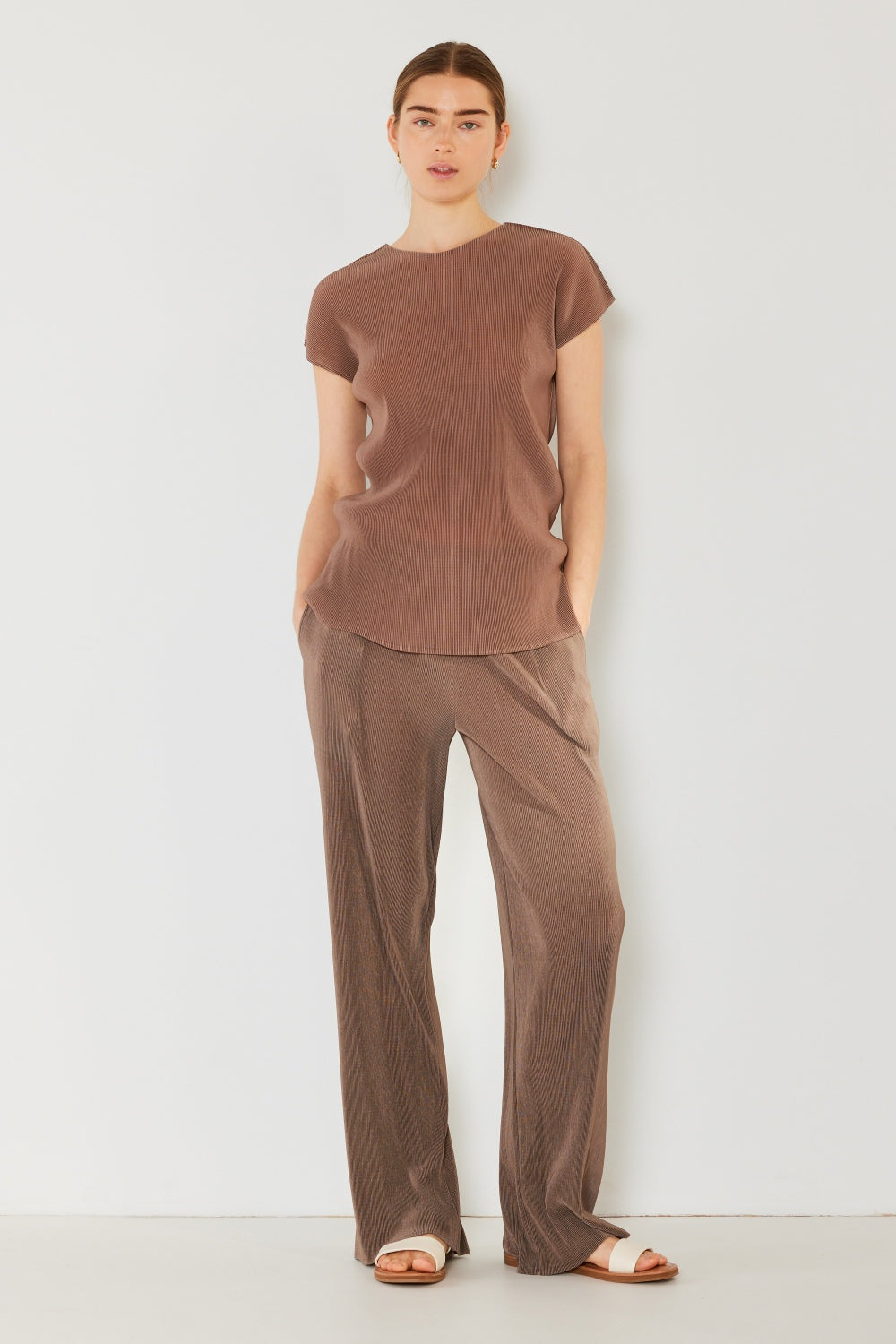 Rib Pleated Elastic-Waist Wide Leg Pants