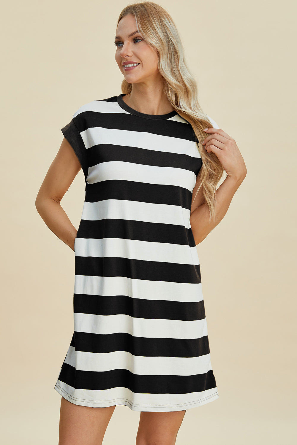 Striped Round Neck Cap Sleeve Mini Dress