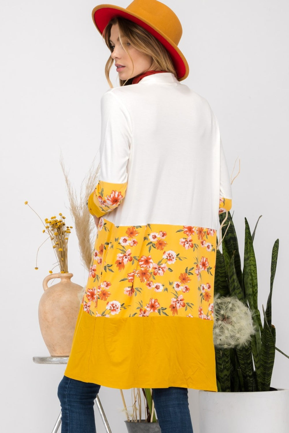 Floral Color Block Open Front Cardigan