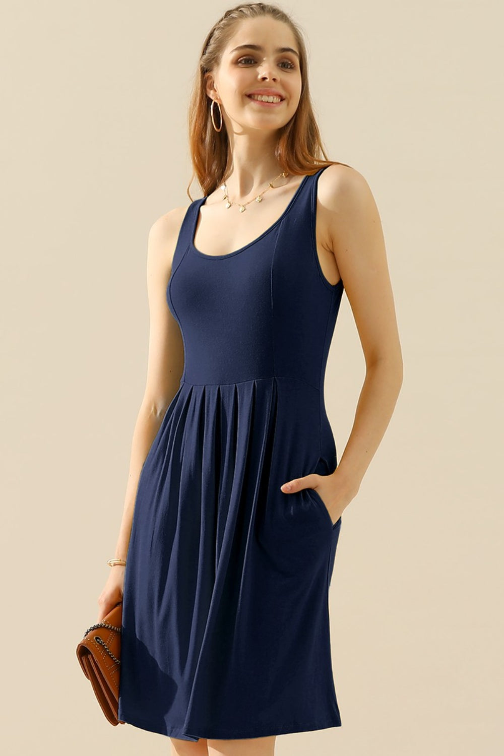 Round Neck Ruched Sleeveless Dress with Pockets