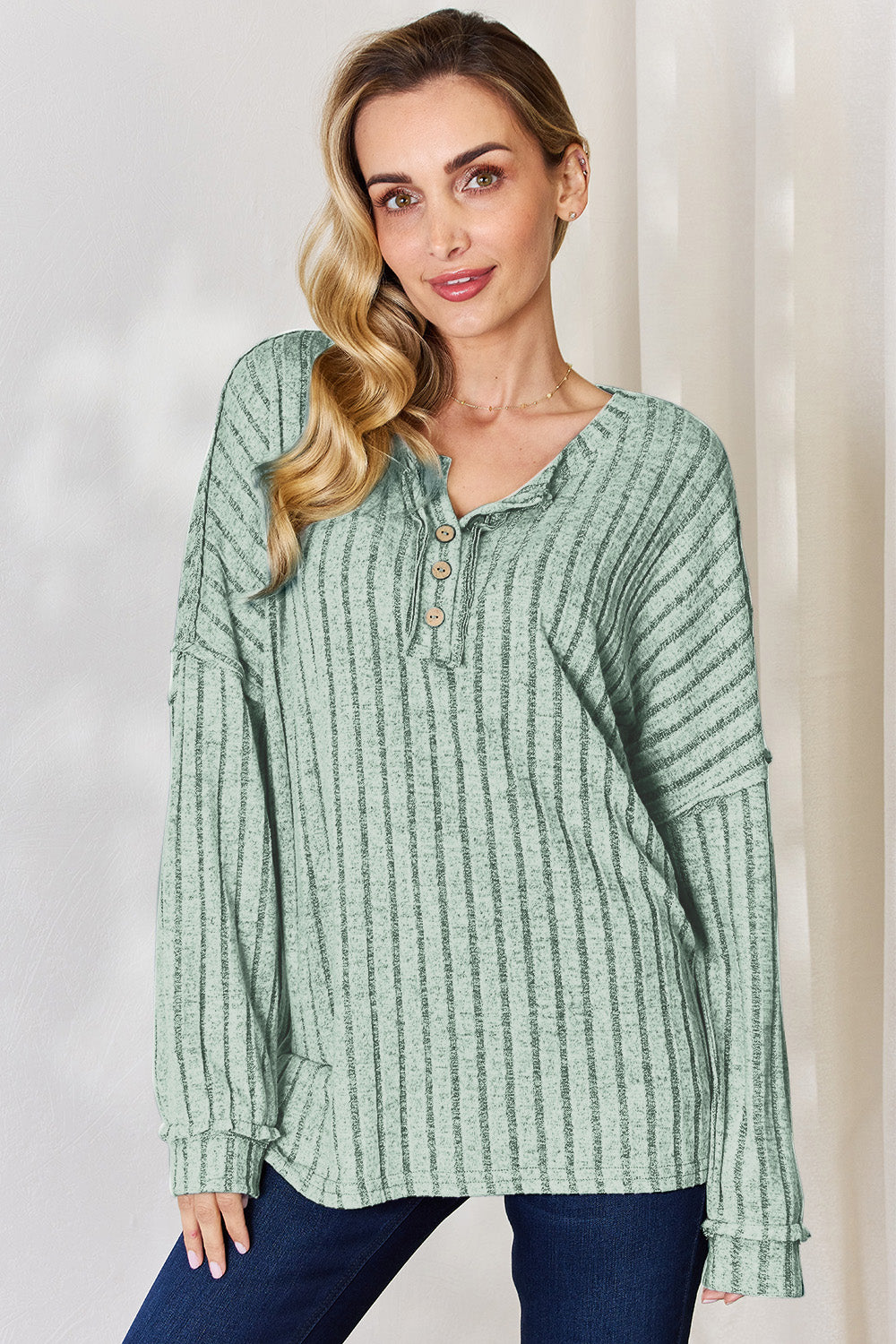 Ribbed Half Button Long Sleeve T-Shirt