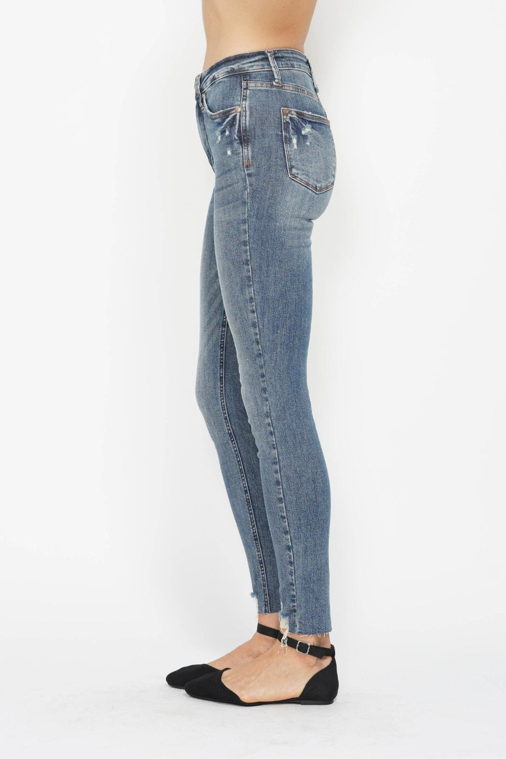 Tummy Control Vintage Wash Hem Destroy Skinny Jeans