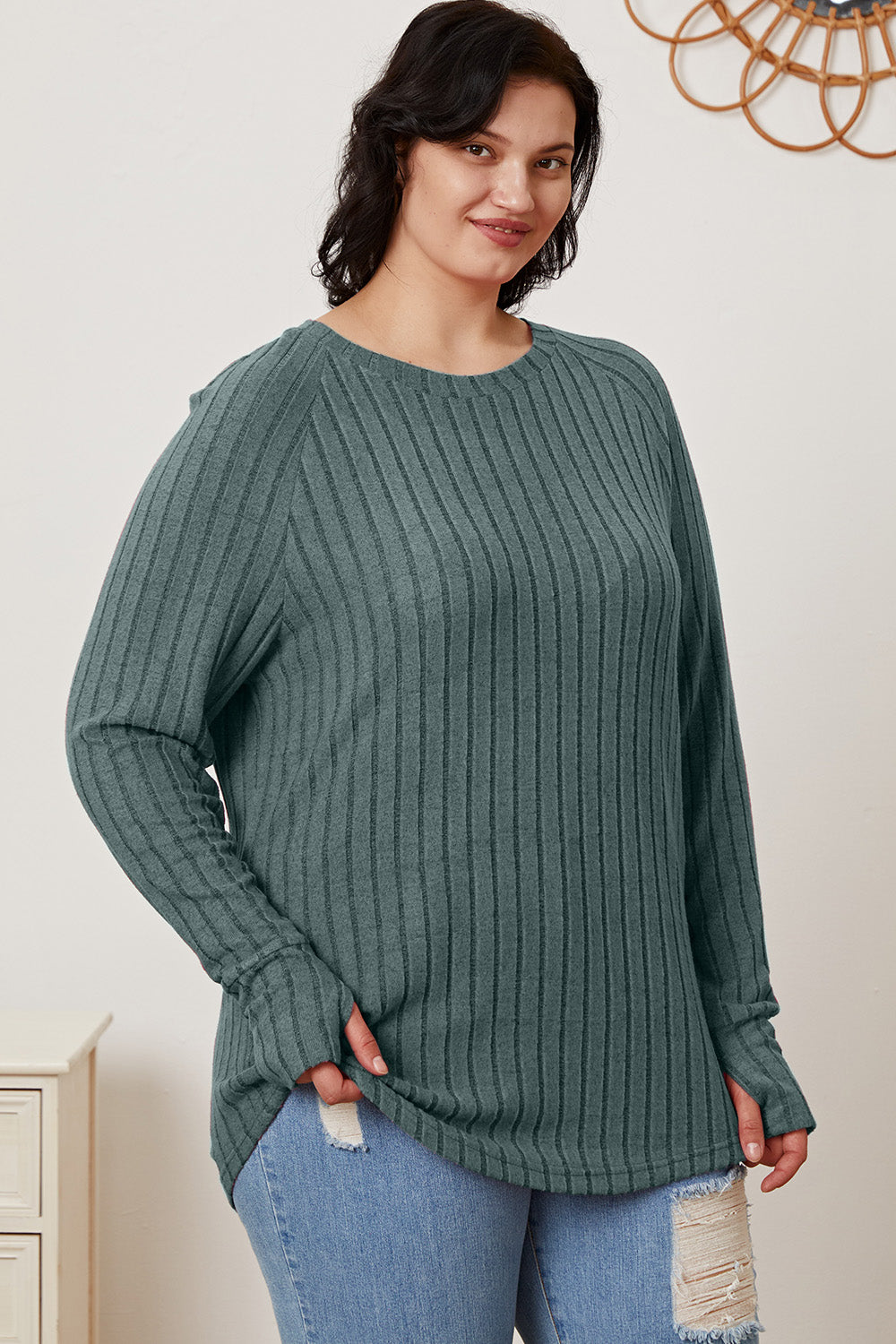 Ribbed Thumbhole Sleeve T-Shirt