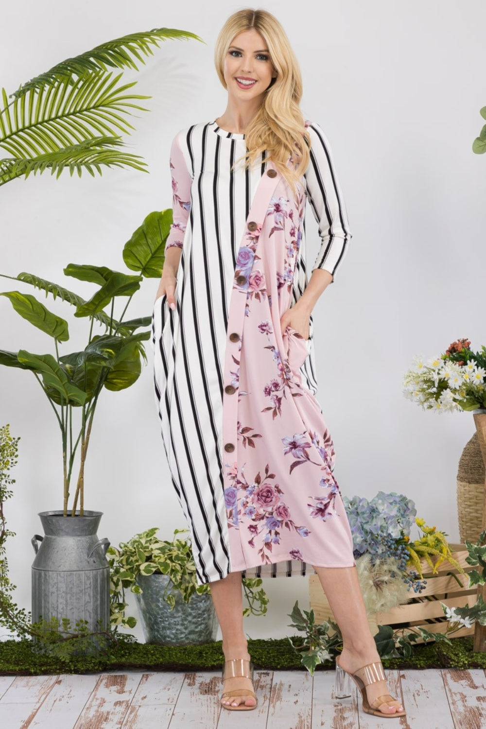 Floral Striped Contrast Midi Dress with Pockets