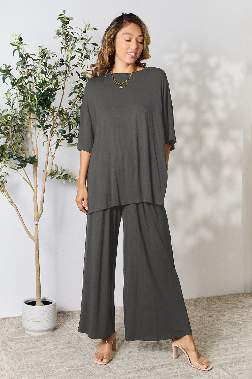 Round Neck Slit Top and Pants Set