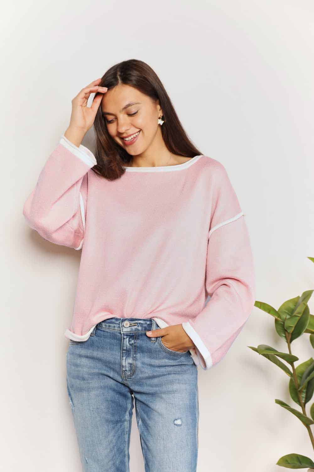 Contrast Detail Dropped Shoulder Long Sleeve Knit Top