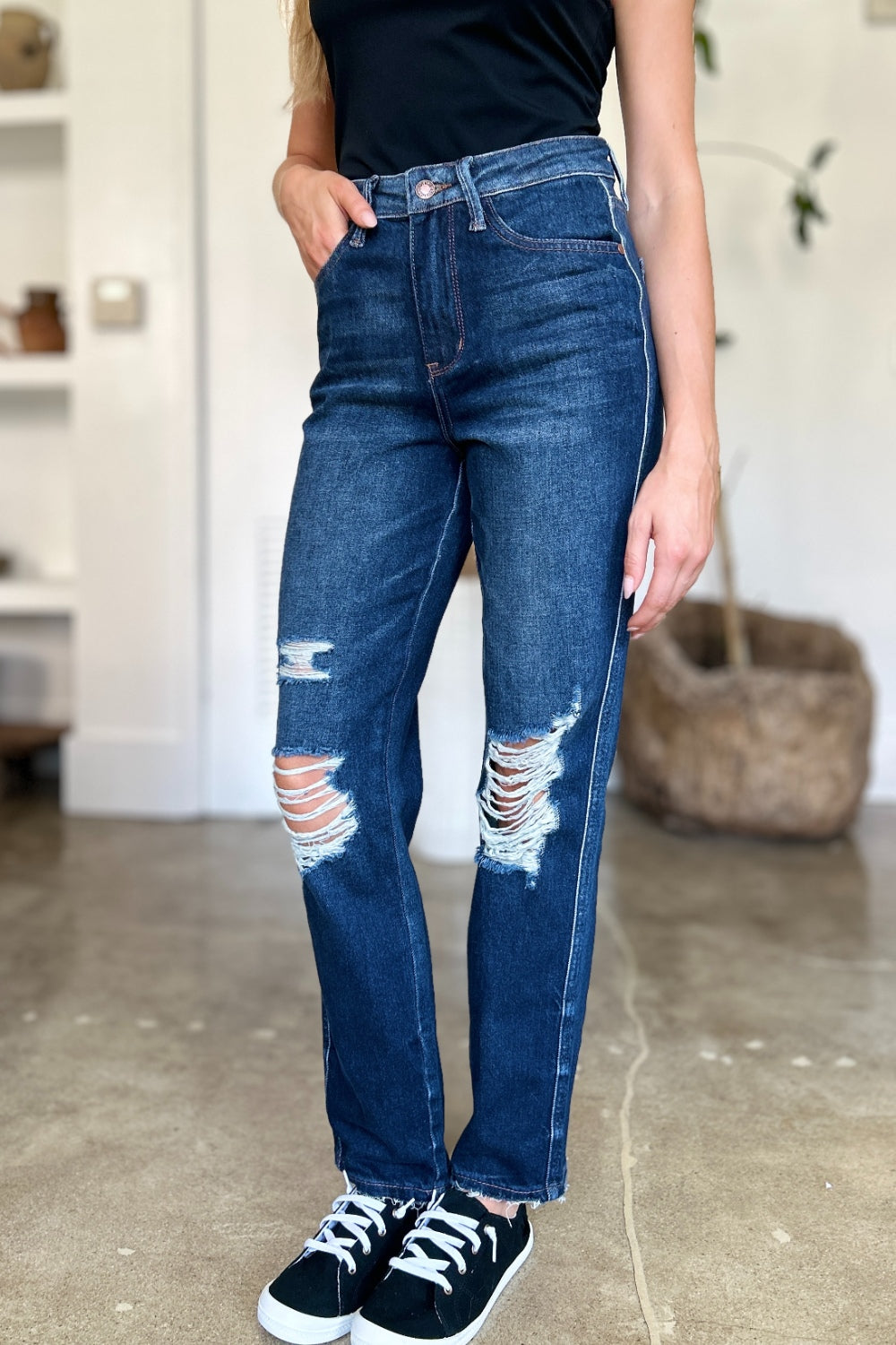 High Waist Rigid Magic Heavy Destroy Straight Jeans