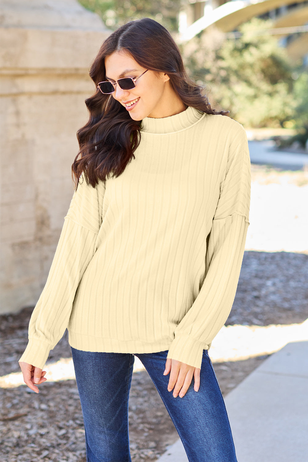 Ribbed Exposed Seam Mock Neck Knit Top