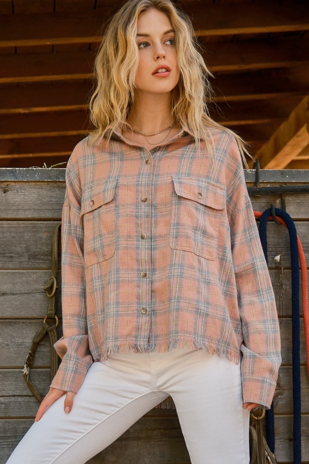 Plaid Button Up Raw Hem Shirt