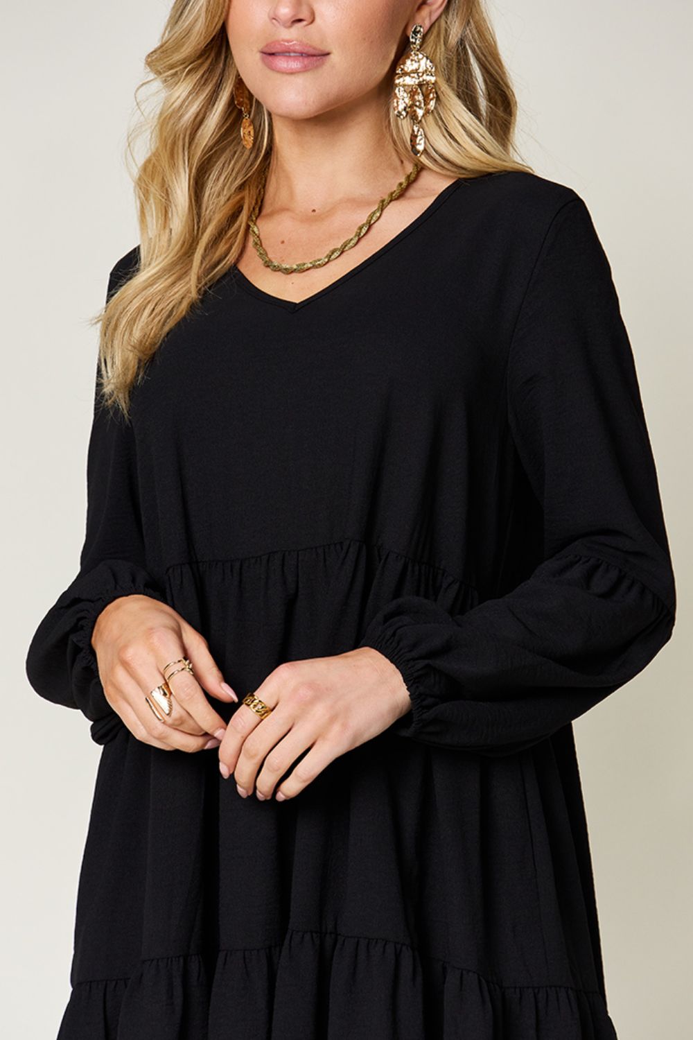 V-Neck Balloon Sleeve Tiered Mini Dress with Pockets