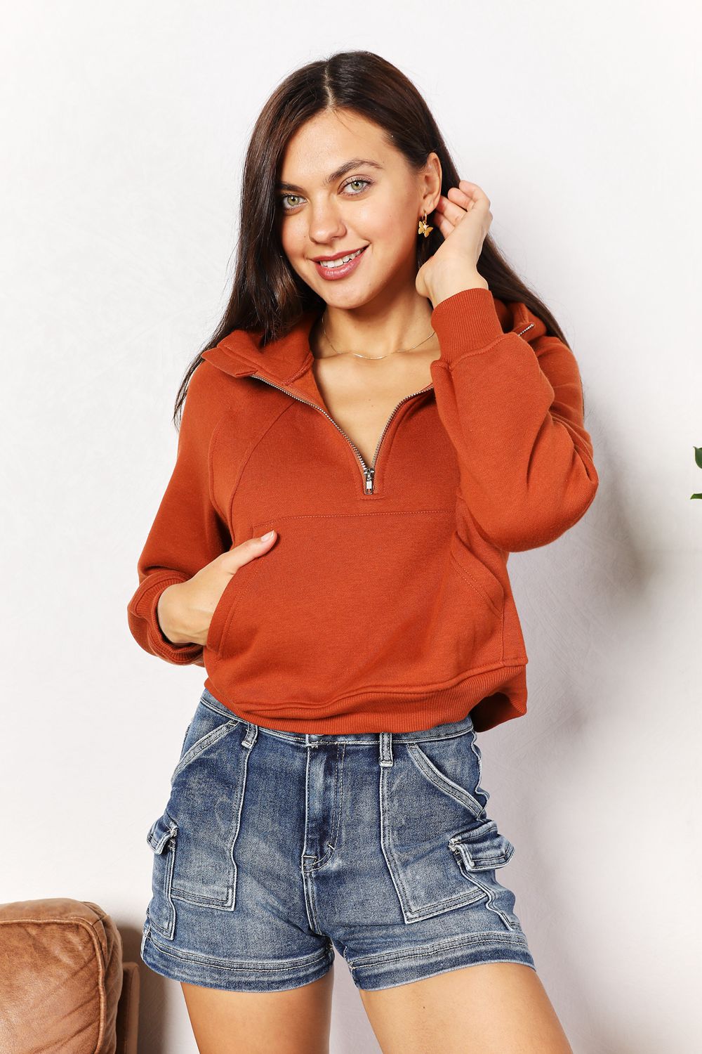 Half-Zip Long Sleeve Cropped Hoodie