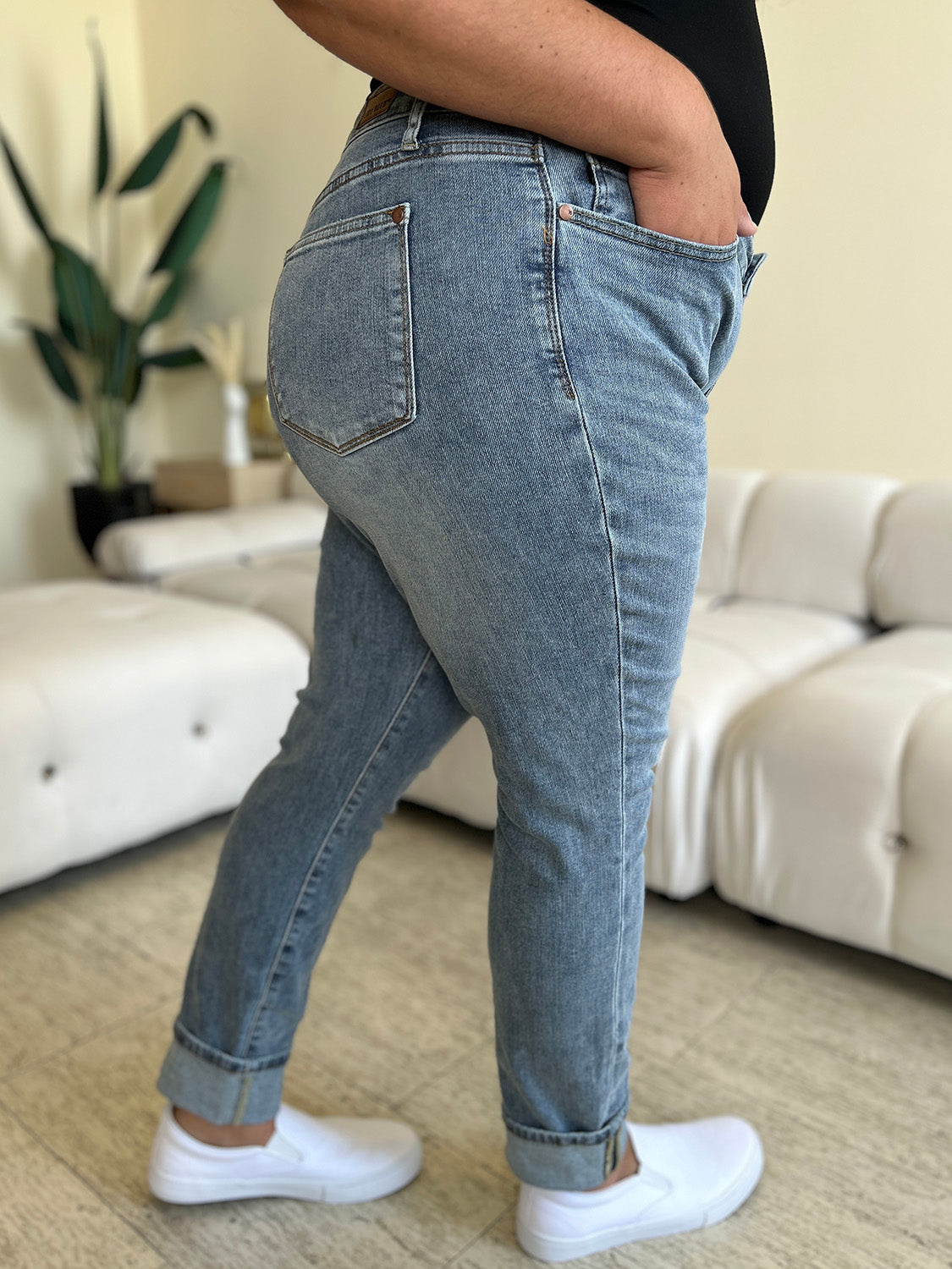 High Waist Cuff Hem Skinny Jeans