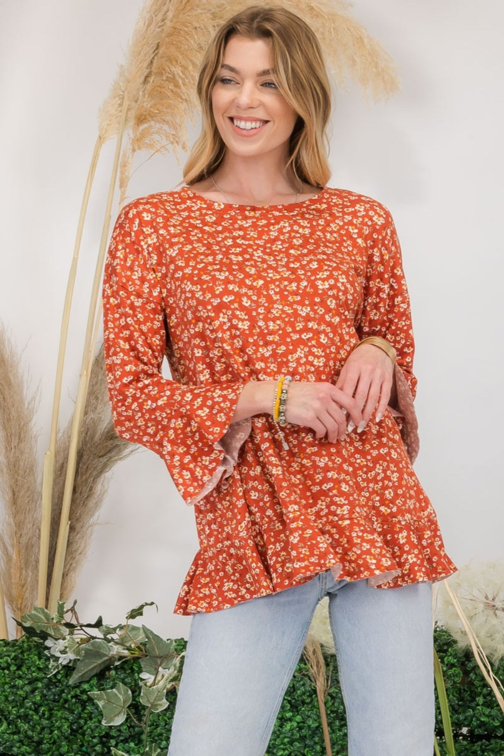 Floral Ruffle Detail Long Sleeve Top