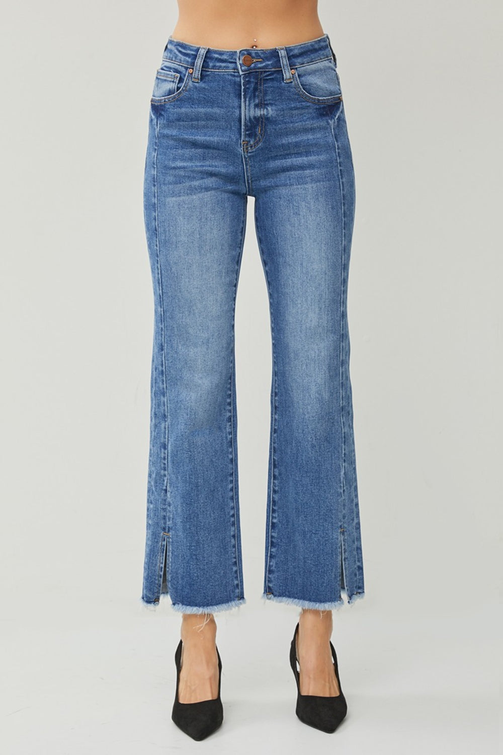 High Waist Raw Hem Slit Straight Jeans