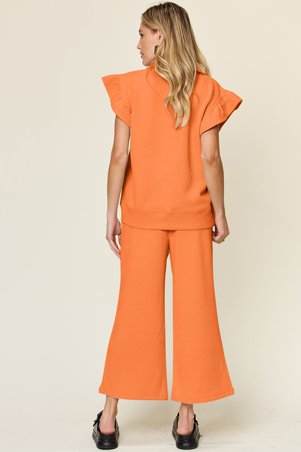 Ruffle Short Sleeve Top and Drawstring Wide Leg Pants Set